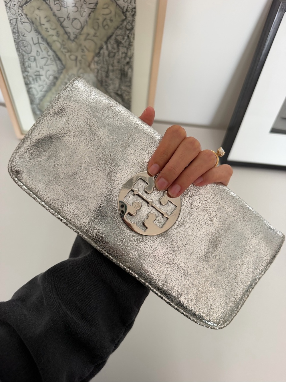 Tory Burch Metallic Silver Logo Wristlet Clutch